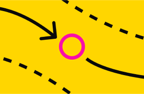 A tilted sign with a left or right angle with a cartoony design